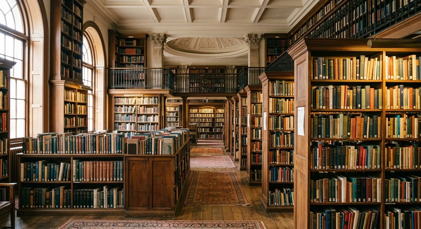 Grand library interior with tall wooden bookshelves, arched windows, and a mezzanine balcony over a reading aisle