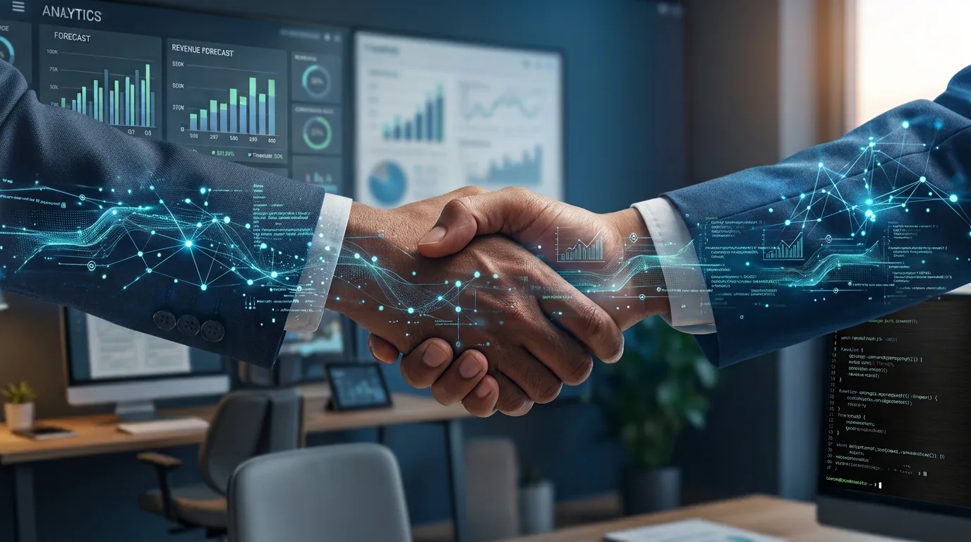 Two people shake hands in a modern office with analytics dashboards and digital network overlays